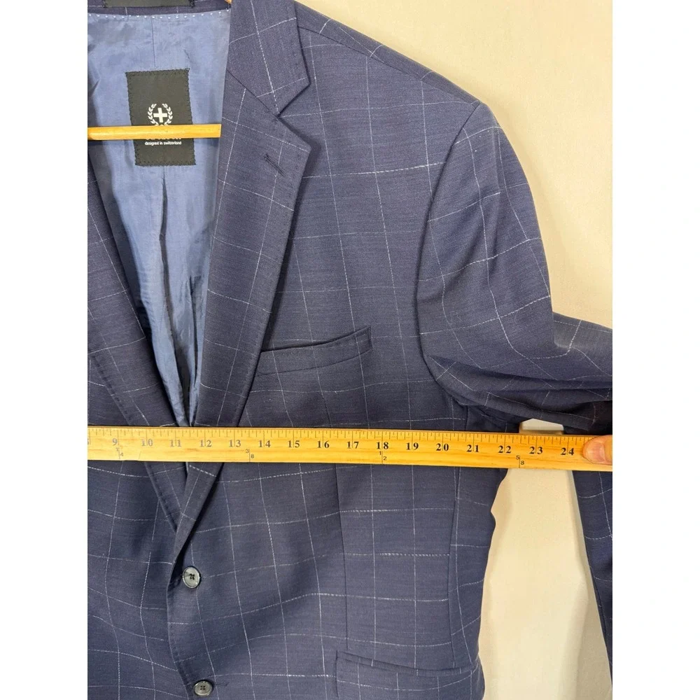 Strellson Aron Slim Fit Navy Blue‎ Windowpane Virgin Wool Blazer Jacket Men 44